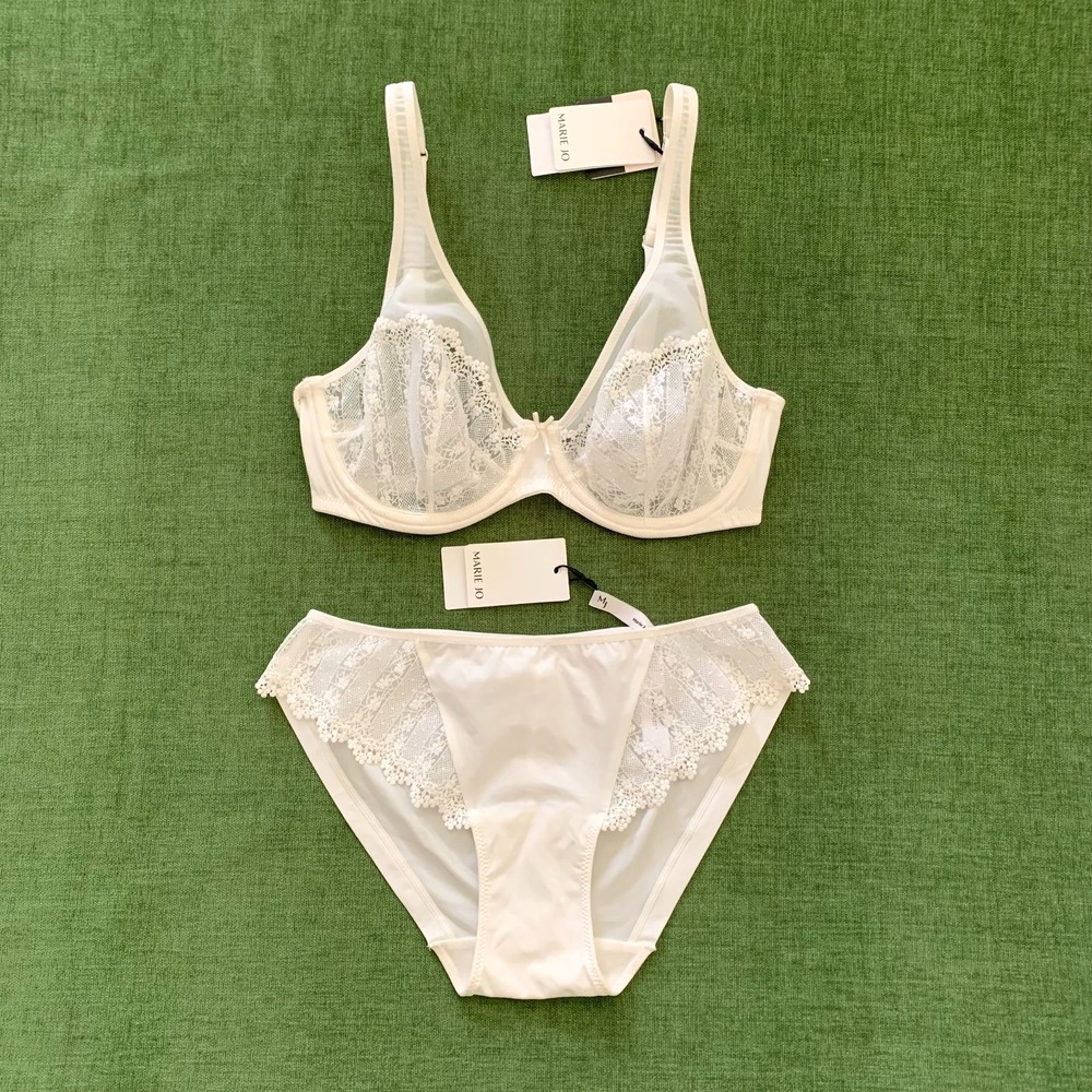 NWT Marie Jo Christy SET Underwire Floral Lace Plunge Bra 32D NWT Bikini S Ivory